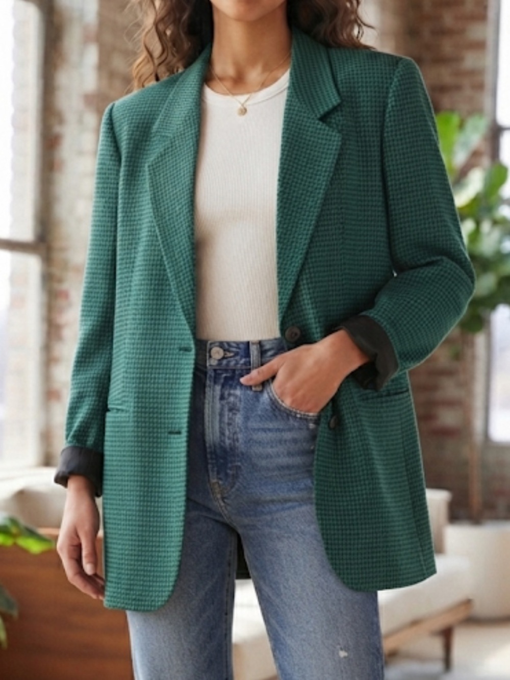 VINTAGE 90’s CHRISTY GIRL Houndstooth Oversized Blazer Green Size 10